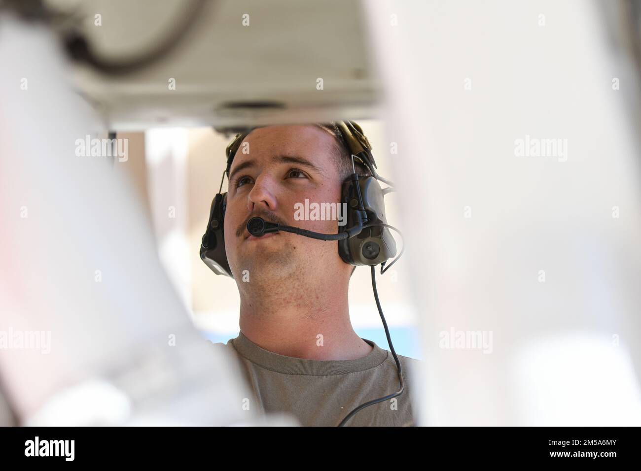 U.S. Air Force Staff Sgt. Noah Kincel, A-10C Thunderbolt II Demonstration Team lead crew chief, performs post-flight checks at Davis-Monthan Air Force Base, Feb. 14, 2022. As the lead crew chief for the team, Kincel provides oversight and guidance on all maintenance operations. Stock Photo