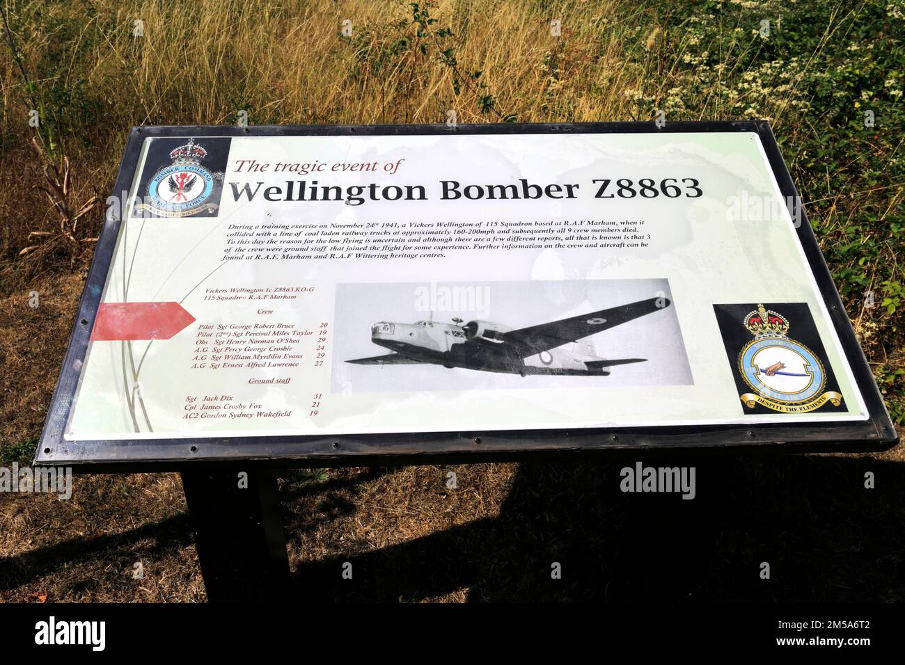 The Wellington Bomber Z8863 memorial, Whitemoor Prison Nature Reserve; March town, Cambridgeshire, England Wellington Z8863, MK.I based at RAF Marham Stock Photo