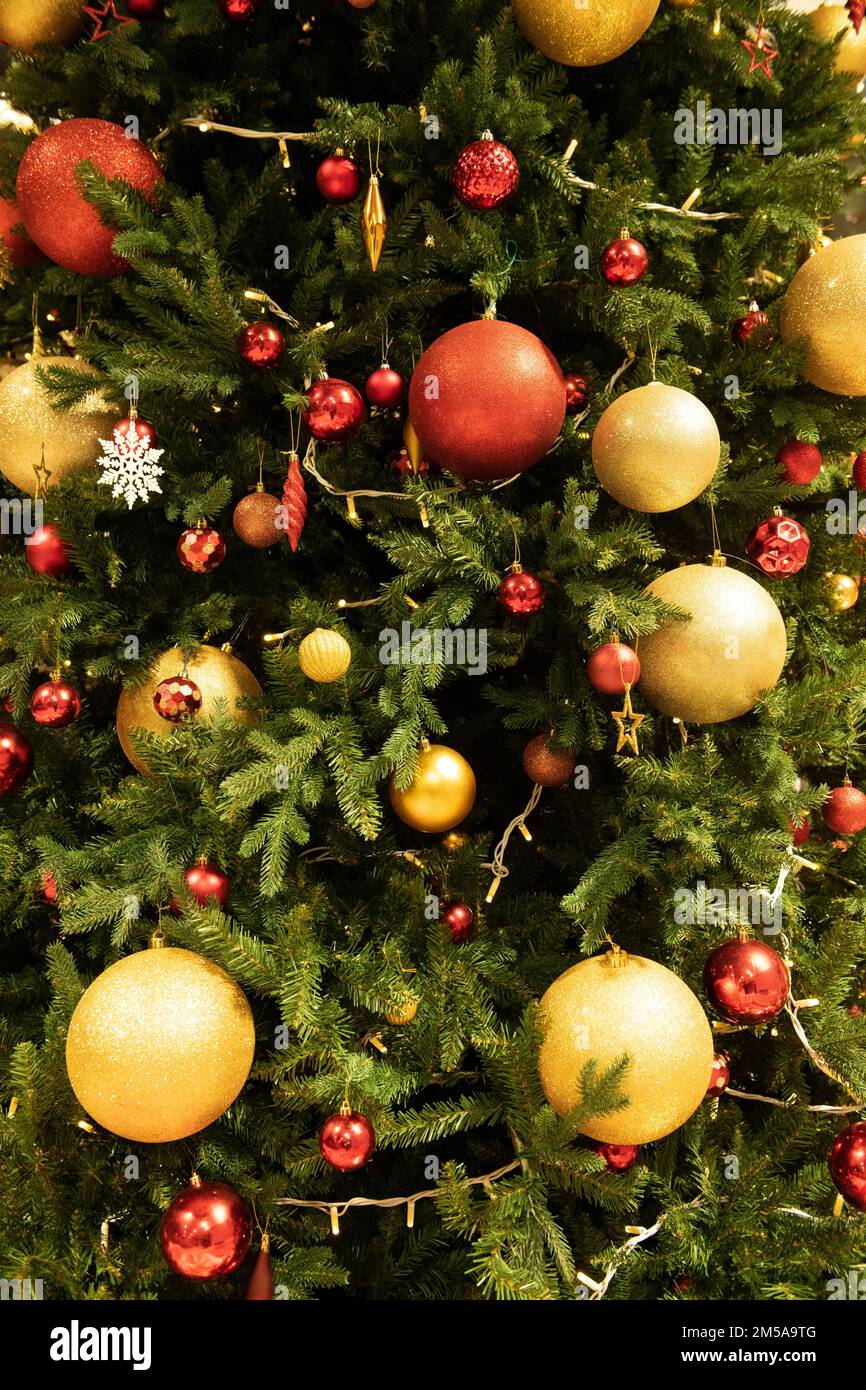 Christmas Tree Decoration Backgrounds, stars, baubles, fairy lights, pine tree Stock Photo - Alamy