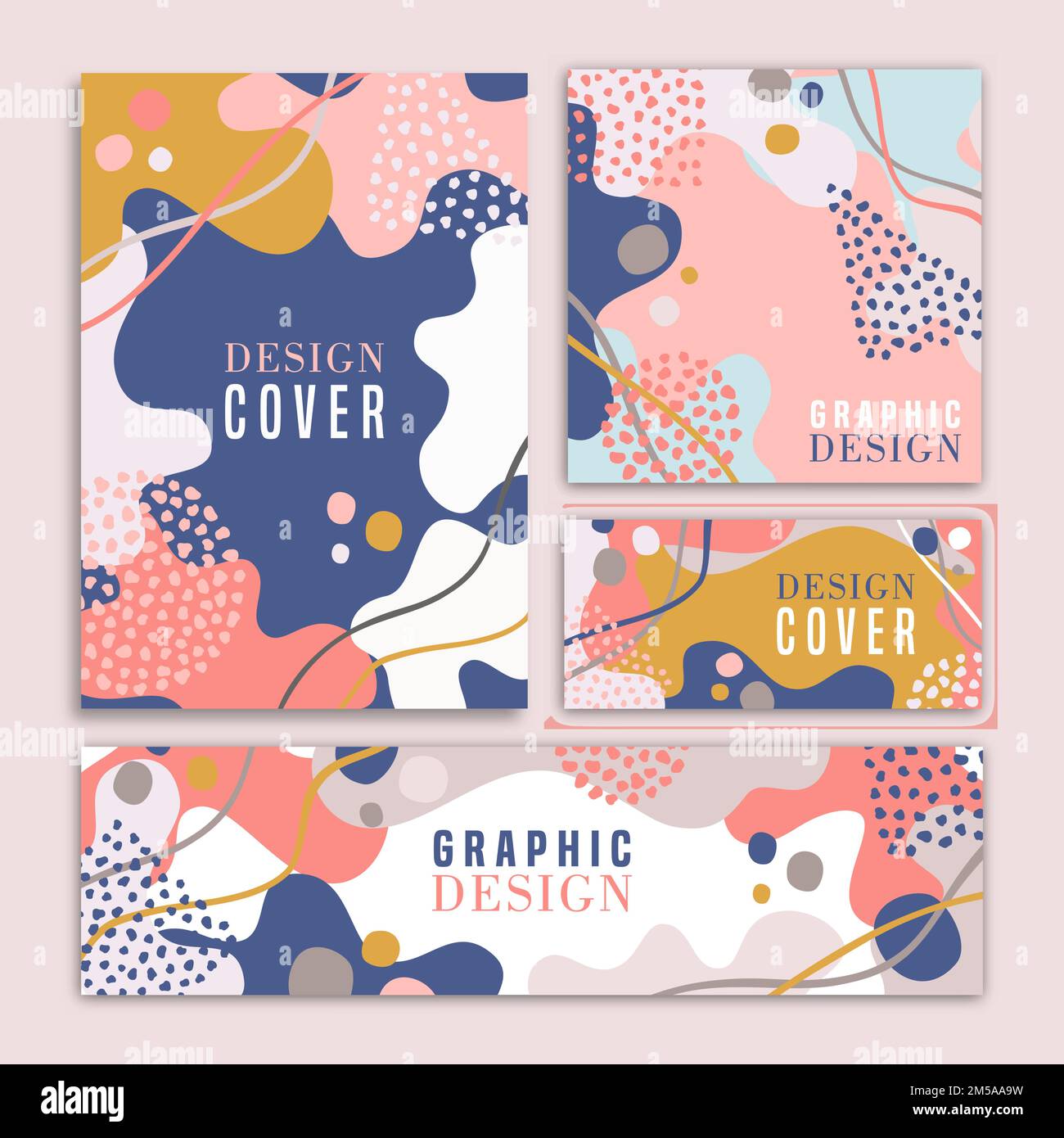 Retro 90s style greeting card illustration set with soft pastel color abstract art shapes. Boho design poster collection for fashion presentation or t Stock Vector
