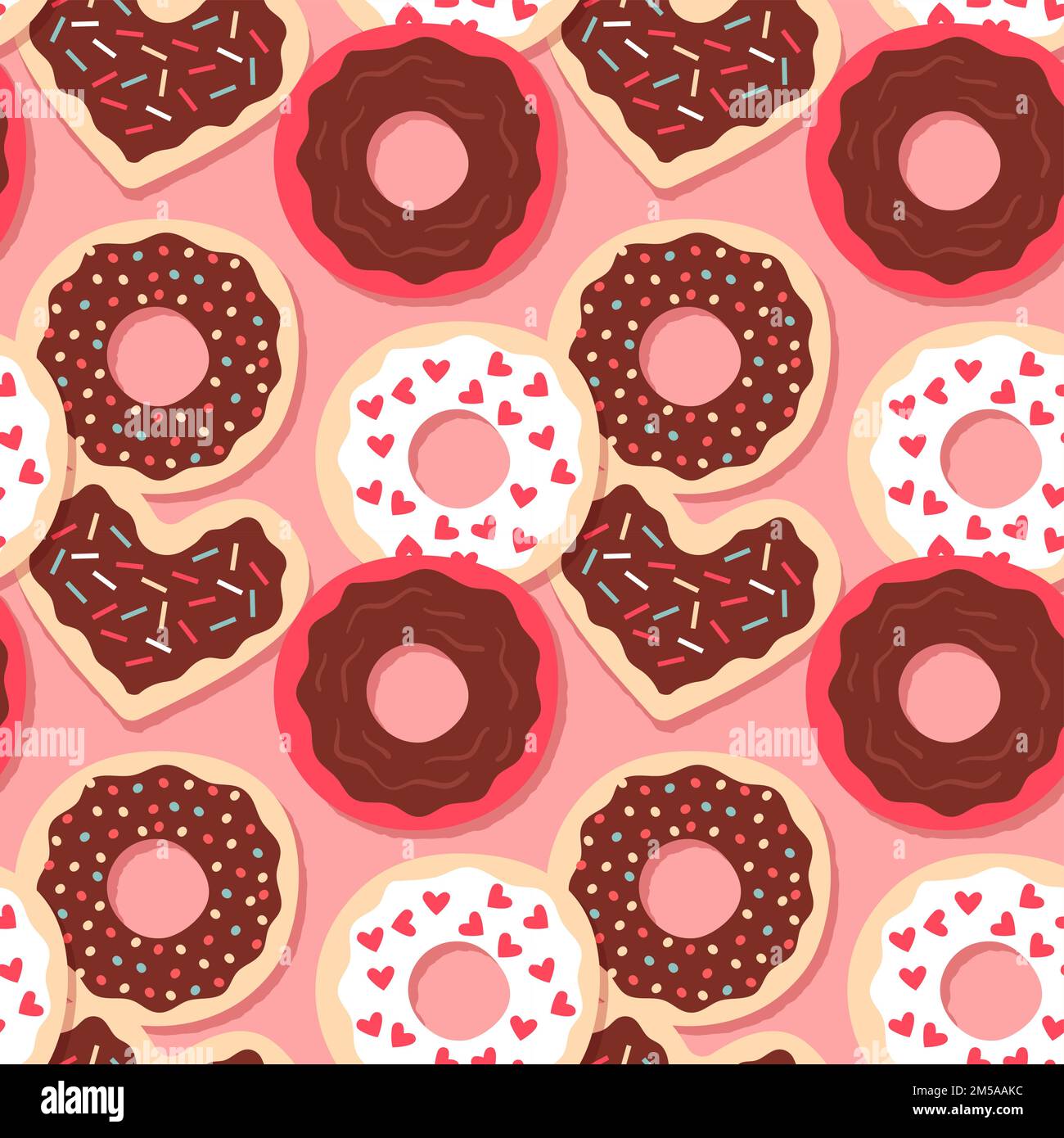 Heart shape donut cartoon seamless pattern. Sweet valentines day food, hand drawn chocolate dessert background for holiday print. Cute bakery, breakfa Stock Vector