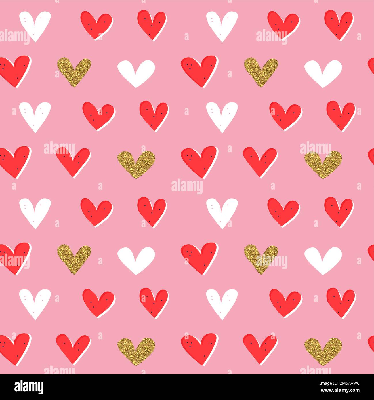 Valentine's day heart shape cartoon seamless pattern. Luxury gold glitter romantic doodle background for holiday print or love concept. Stock Vector