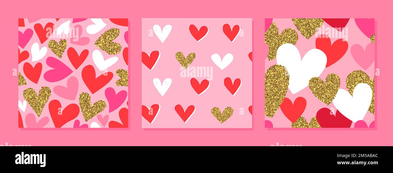 Valentine's day heart shape cartoon seamless pattern collection. Luxury gold glitter romantic doodle background set for holiday print or love concept. Stock Vector