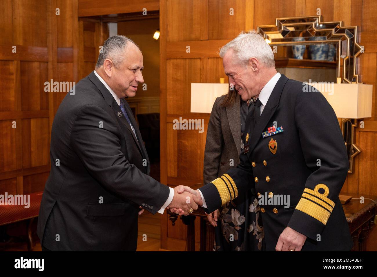 OSLO, Norway (Feb. 15, 2022) — Secretary of the Navy Carlos Del Toro greets Vice Adm. Nils Andreas Stensønes, director, Norwegian Intelligence Service, in Oslo, Norway, Feb. 15, 2022. Secretary Del Toro is in Norway to visit U.S. service members and Norwegian government leaders to reinforce existing bilateral and multilateral security relationships between the U.S. Navy and the Royal Norwegian Navy. Stock Photo