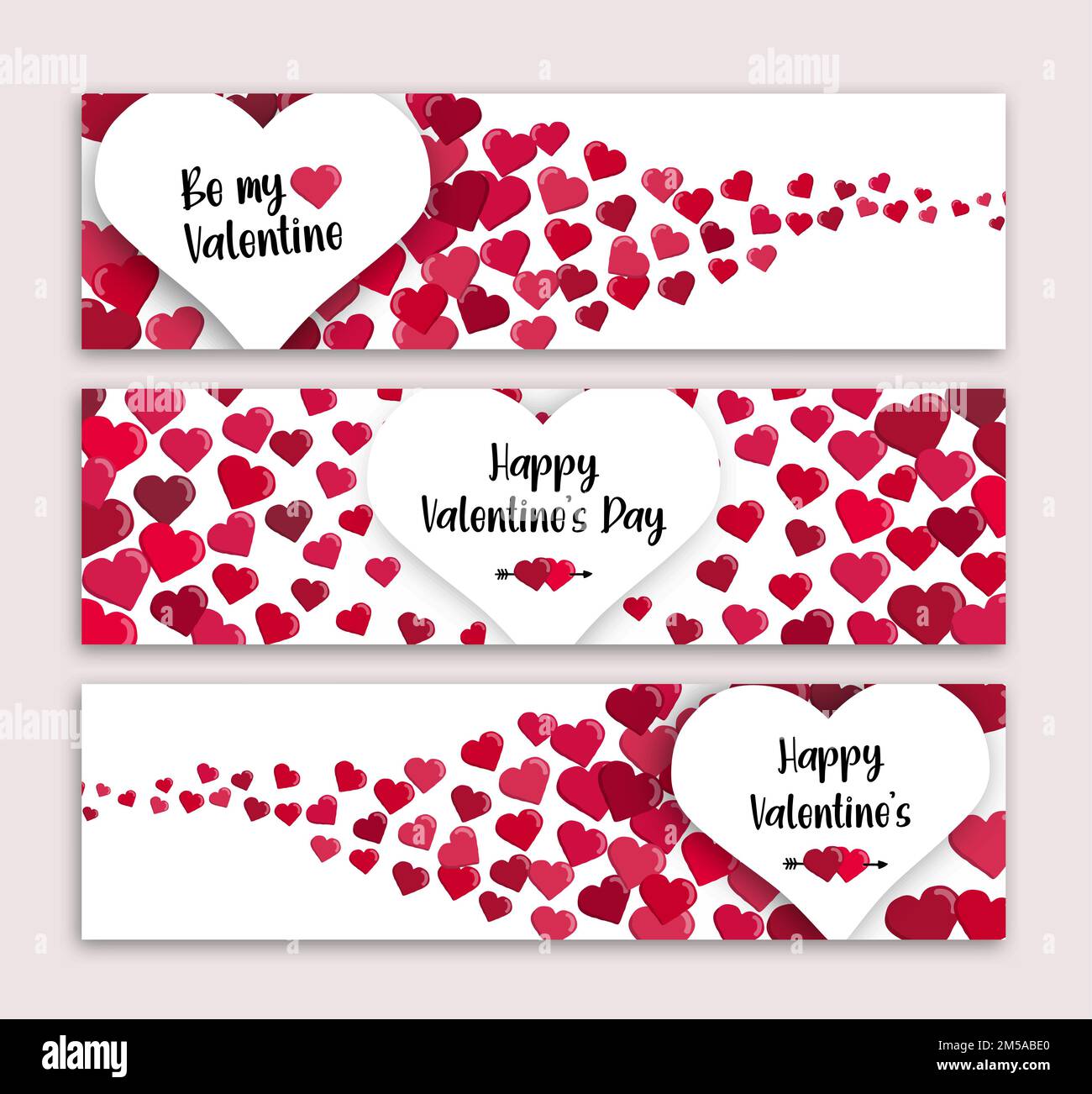 Valentine's Day web banner set. Red heart shape cartoon decoration with cute love typography quotes for romantic february 14 holiday event. Stock Vector