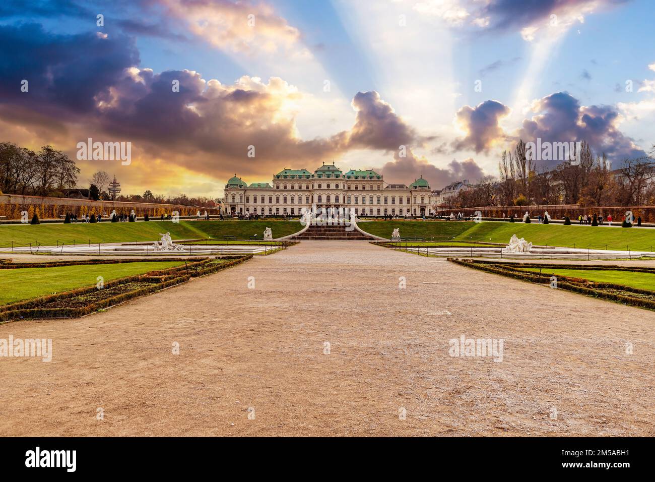 Cityscape with Schloss Belvedere in Vienna. Belvedere Castle at sunset. Stock Photo