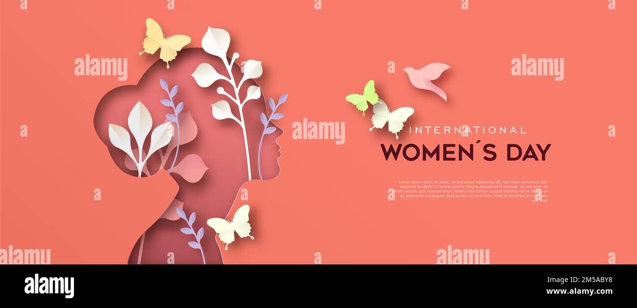 Happy Women Day greeting card template. 3D papercut female woman ...