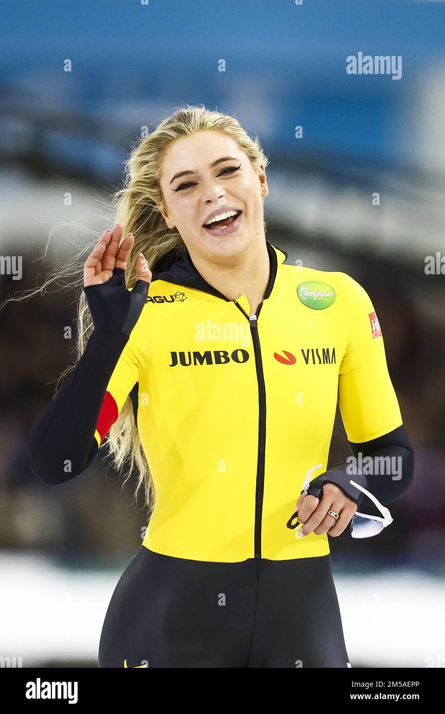 HERENVEEN Jutta Leerdam reacts after the 1000 meters during the first