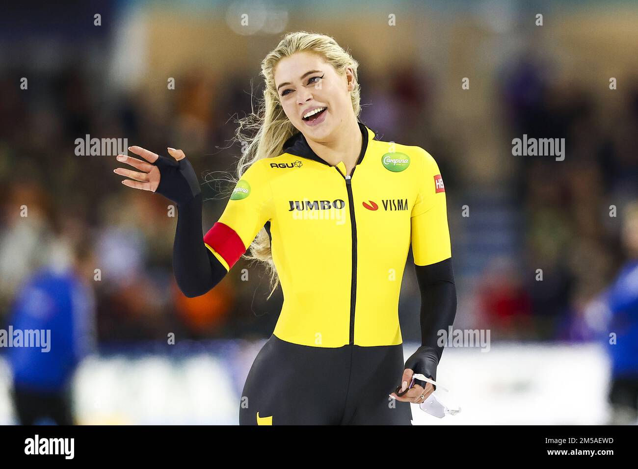 HERENVEEN - Jutta Leerdam reacts after the 1000 meters during the