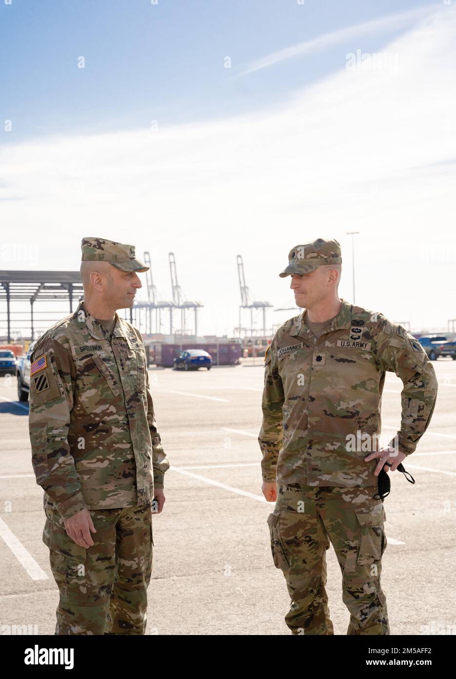 Lt. Col. Andrew Johannes (left), District commander, speaks with Lt. Gen. Scott Spellmon 55th chief of engineers and commanding general of the U.S. Army Corps of Engineers, prior to getting a tour of South Carolina Ports Authority. Stock Photo