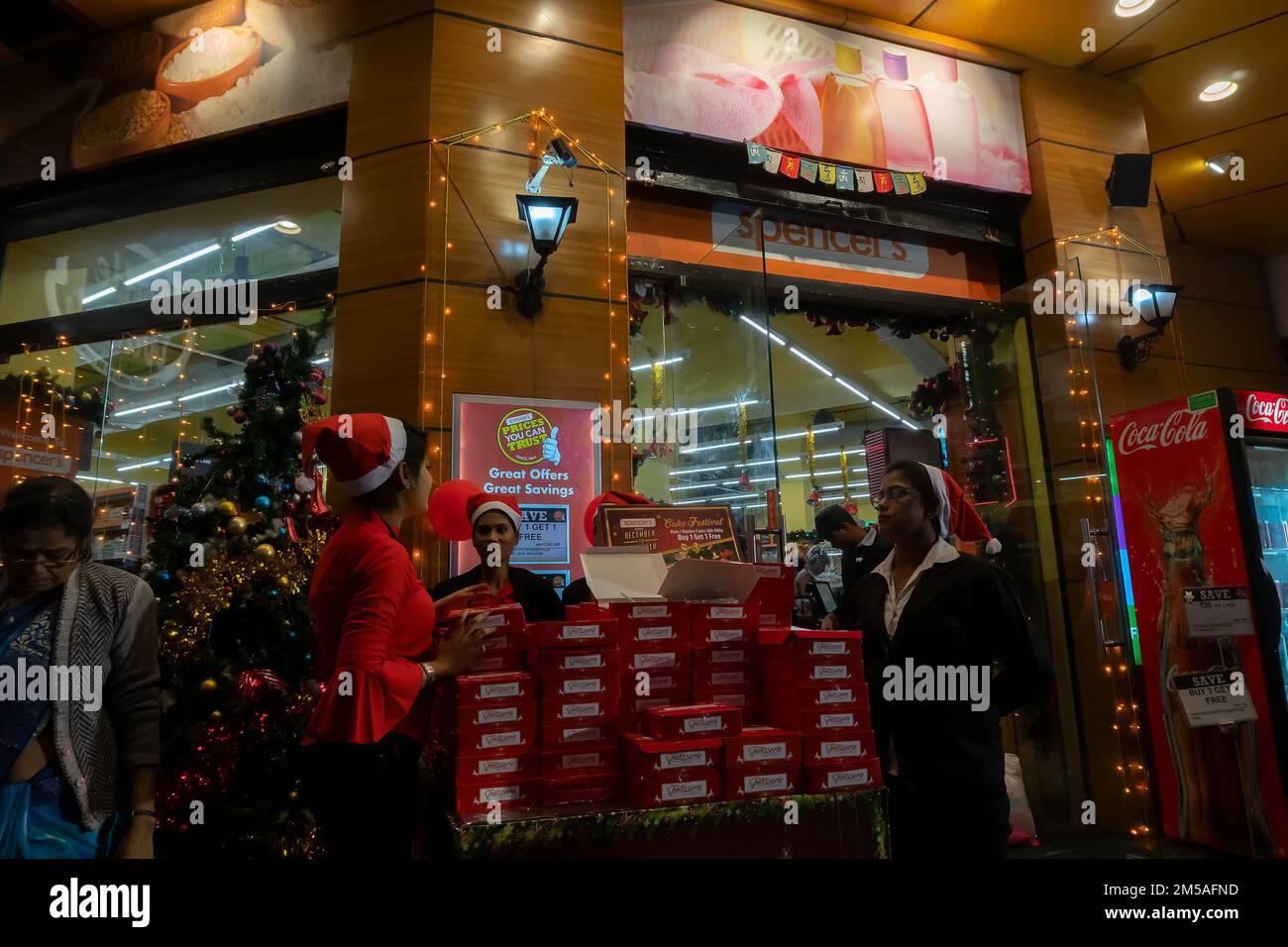 Kolkata, West Bengal, India 25.12.2018 Cakes being sold at Spencers. Decorated lights and