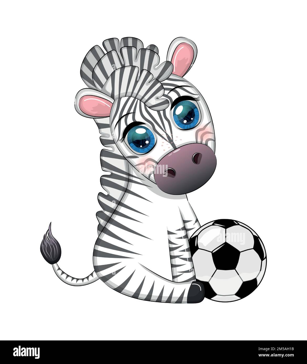 Cute zebra with a soccer ball. Cartoon character, summer sport. Cute football mascot in sports uniform Stock Vector