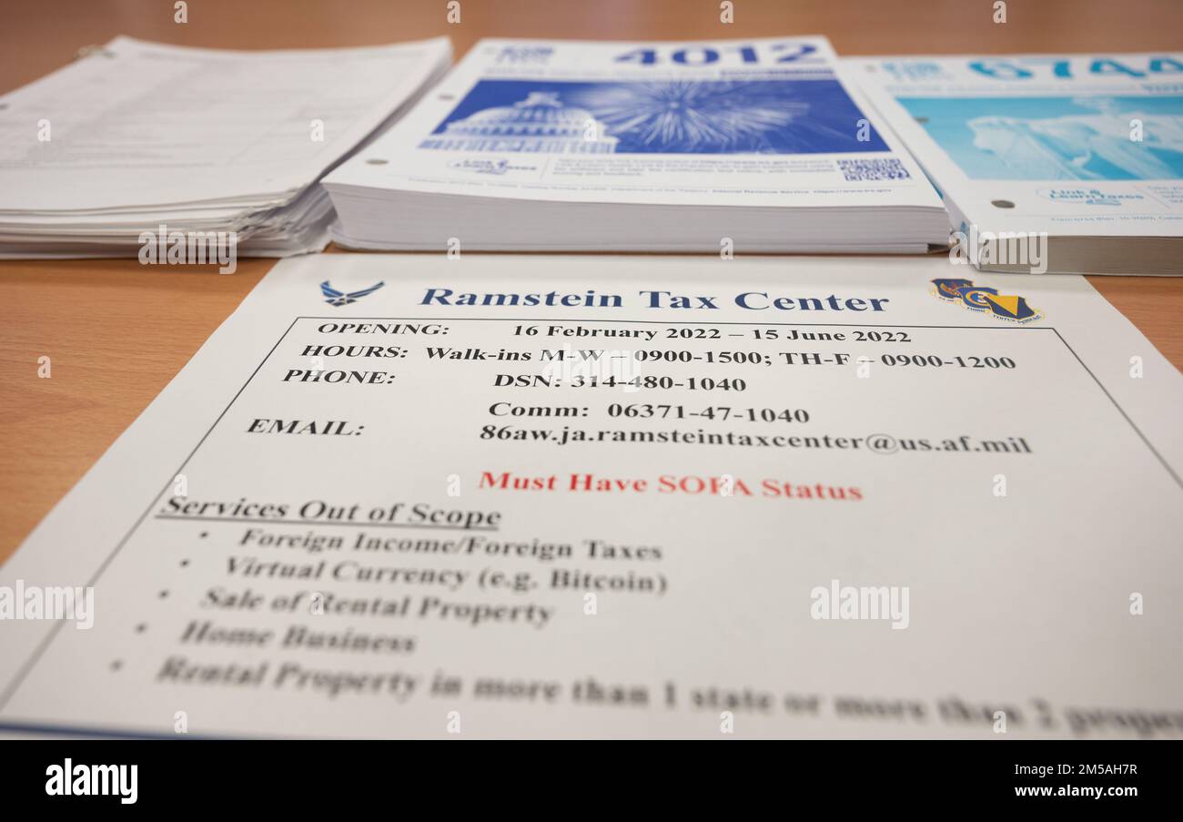The Ramstein Tax Center officially opened Feb. 16, 2022 at Ramstein Air Base, Germany. The Tax Center located at the 86th Airlift Wing Legal office is offering a free tax service to members of the Kaiserslautern Military Community who fall under the Status of Forces Agreement. Stock Photo