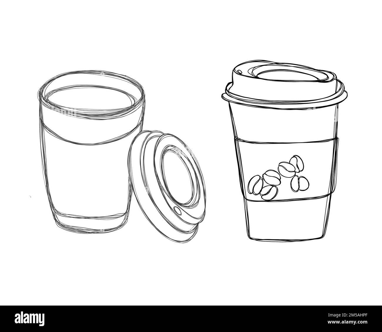 Line art illustration freehand coffee to go- doodle take away coffee cup. Collection of illustrations of glasses with coffee Stock Photo
