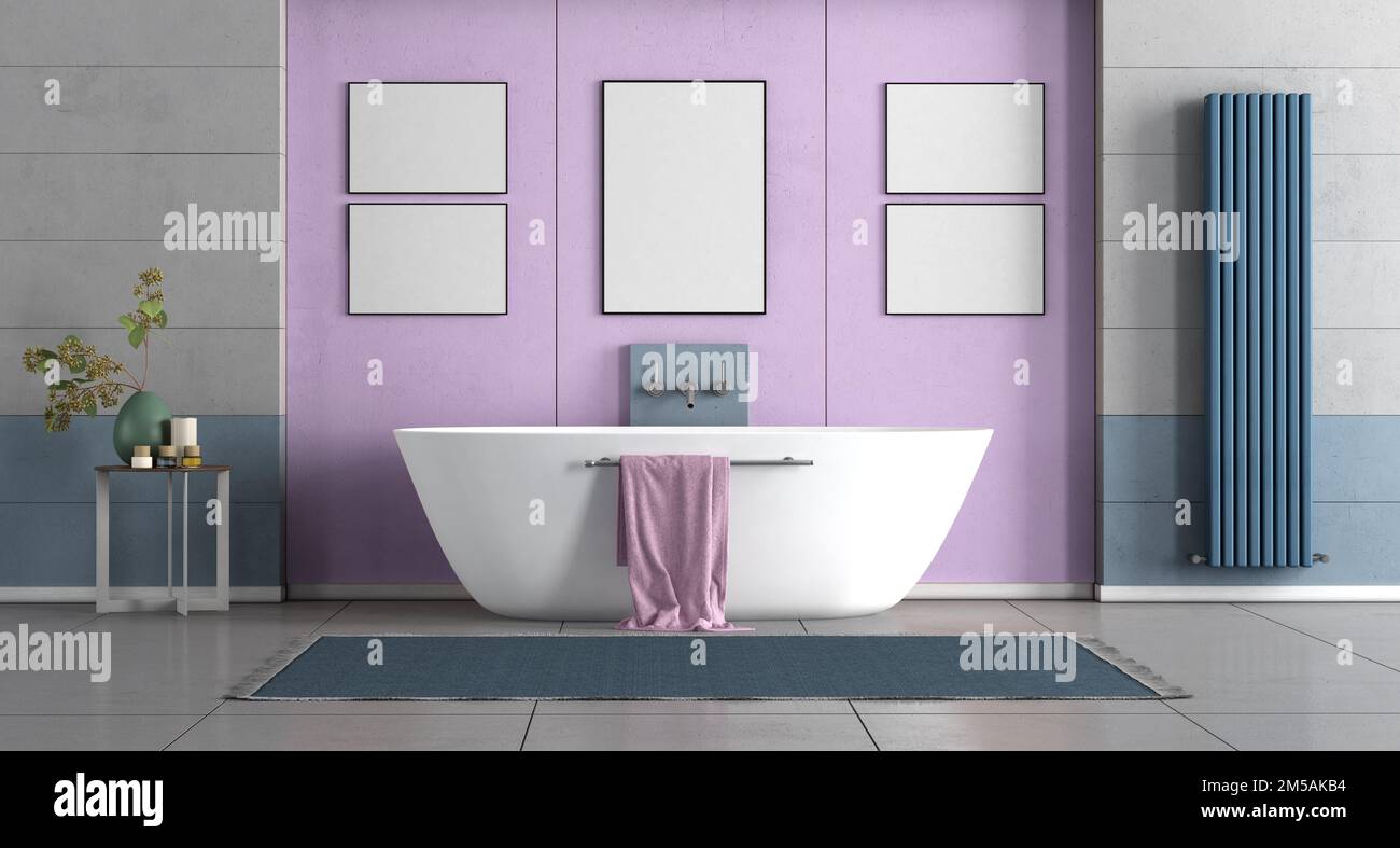 Colorful bathroom with bathtub against purple wall and blue heater - 3d render Stock Photo