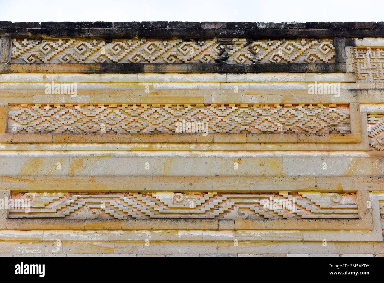 Intricate mosaic fretwork, Archeological Zone of Mitla, Columns Group, The Palace, Oaxaca state, Mexico Stock Photo