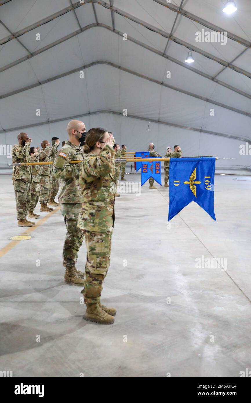 KFOR 29 Regional Command – East said goodbye to Aviation Task Force Valkyrie and welcomed the incoming Aviation Task Force Pegasus, part of KFOR 30, in a Transfer of Authority ceremony at Camp Bondsteel, Kosovo on February 16, 2022.     U.S. Army Photo by Sgt. Gillian McCreedy (OR-5) Stock Photo