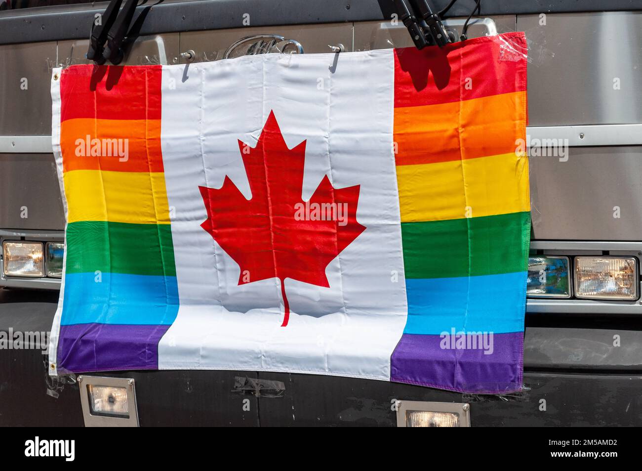 A Canadian flag with the LGBTQ+ rainbow colors is attached to the front of a bus. Stock Photo