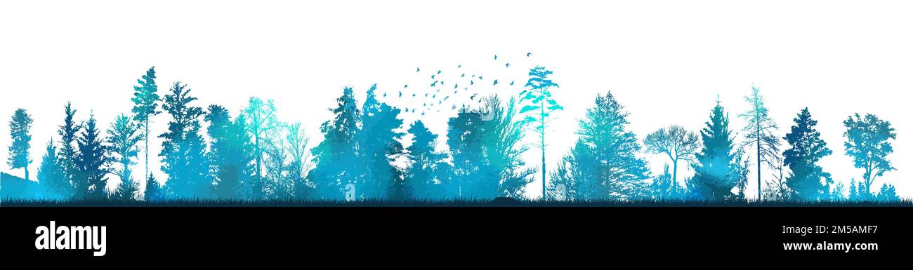 Vector misty forest landscape with detailed blue silhouettes of coniferous trees . seamless pattern Stock Vector