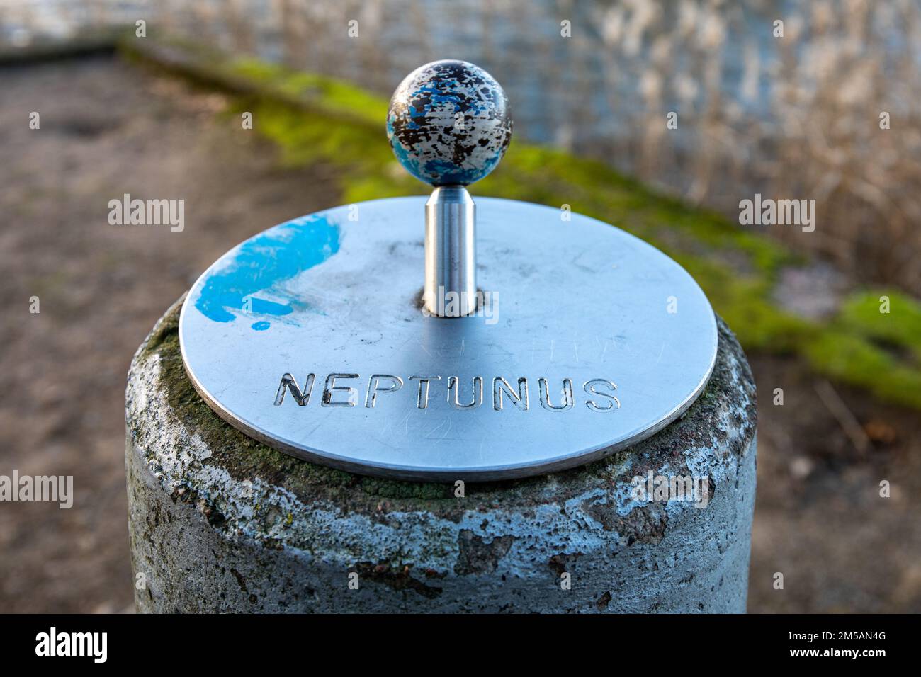 Neptune of an outdoor solar system model in Lehtisaari district of Helsinki, Finland Stock Photo