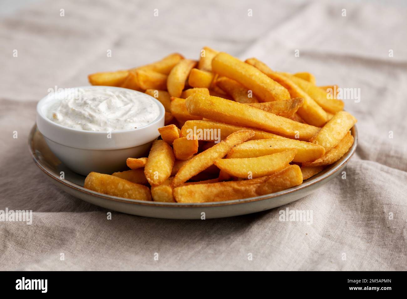 Homemade French Fries with Ranch Dressing on a Plate, side view. Close