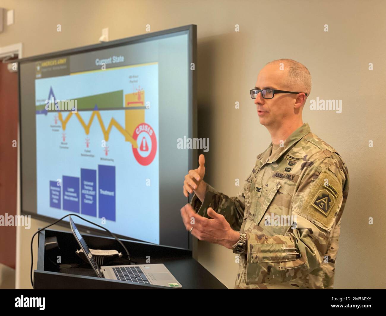 U.S. Army Col. Martin L. O’Donnell conducts a chain teach training on suicide prevention for the Public Affairs section on Joint Base San Antonio-Fort Sam Houston, Texas, Feb. 17, 2021. The chain teach, part of the Army’s new suicide prevention strategy, focuses on prevention rather than intervention. Stock Photo