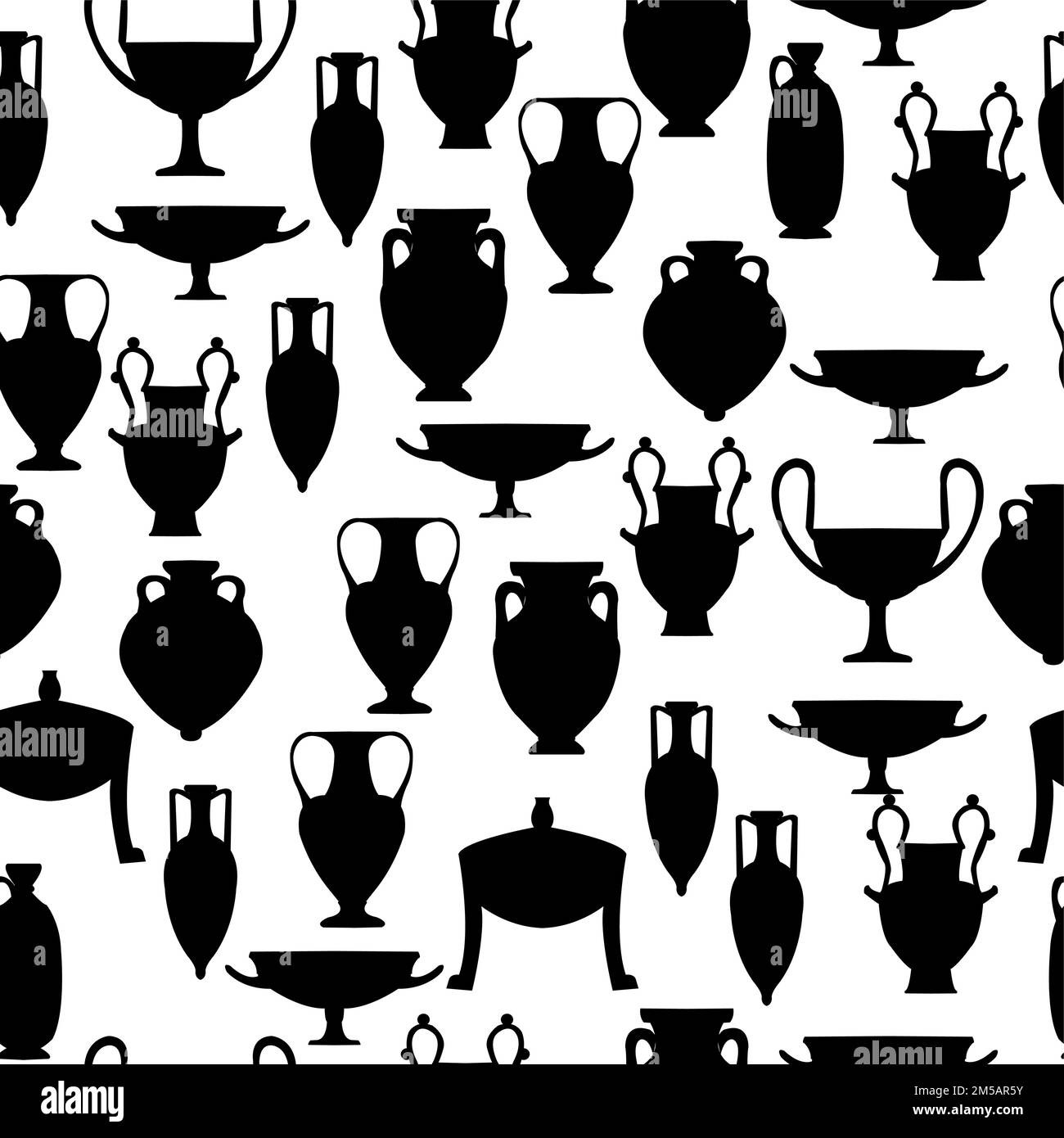 Black silhouettes of ancient pottery on white background;  ancient ceramic silhouettes together in seamless pattern; can be used for prints Stock Vector