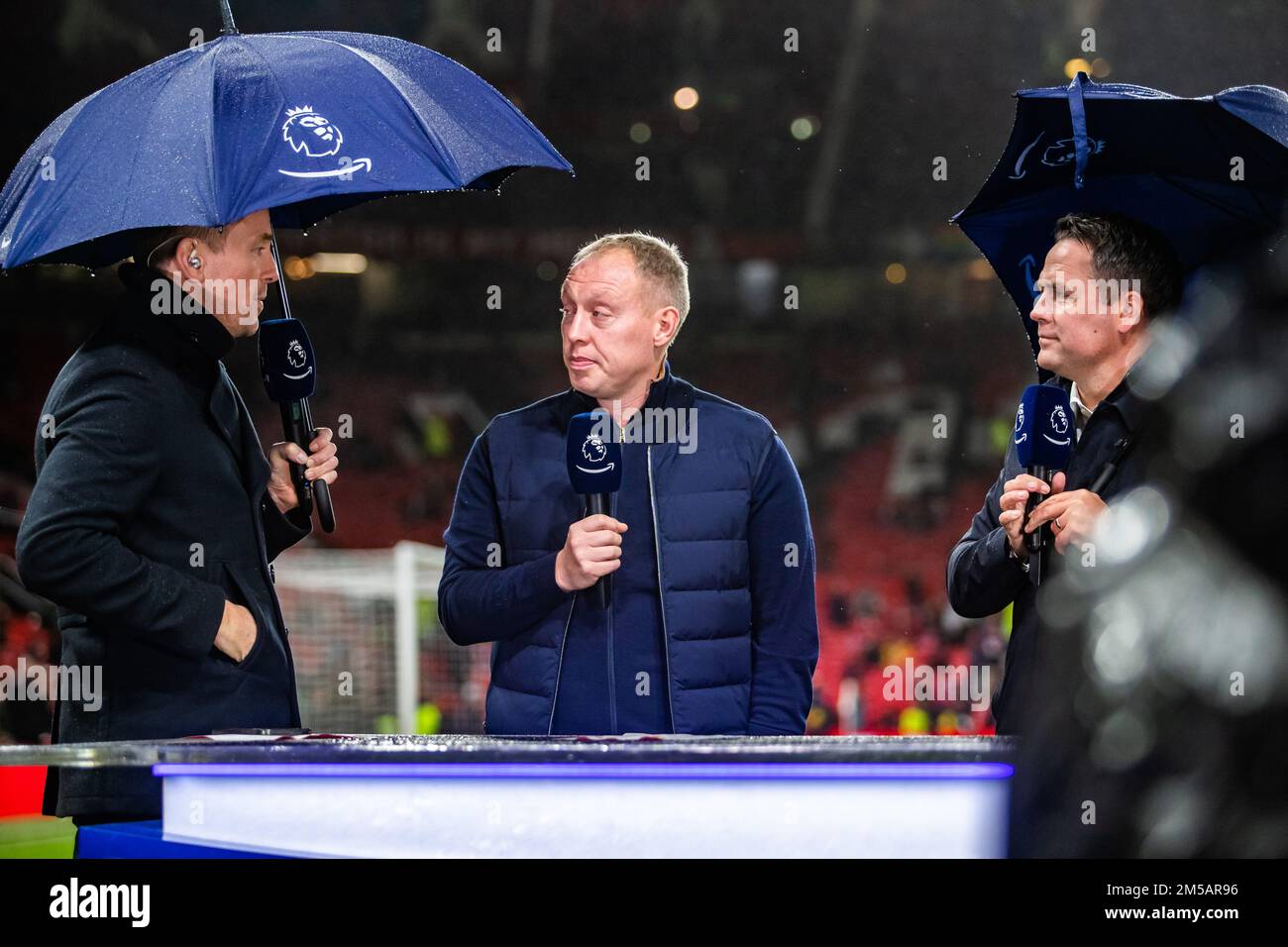 Steve Cooper manager of Nottingham Forest speaks to Simon Thomas and Michael Owen before the Premier League match Manchester United vs Nottingham Forest at Old Trafford, Manchester, United Kingdom, 27th December 2022  (Photo by Ritchie Sumpter/News Images) Stock Photo