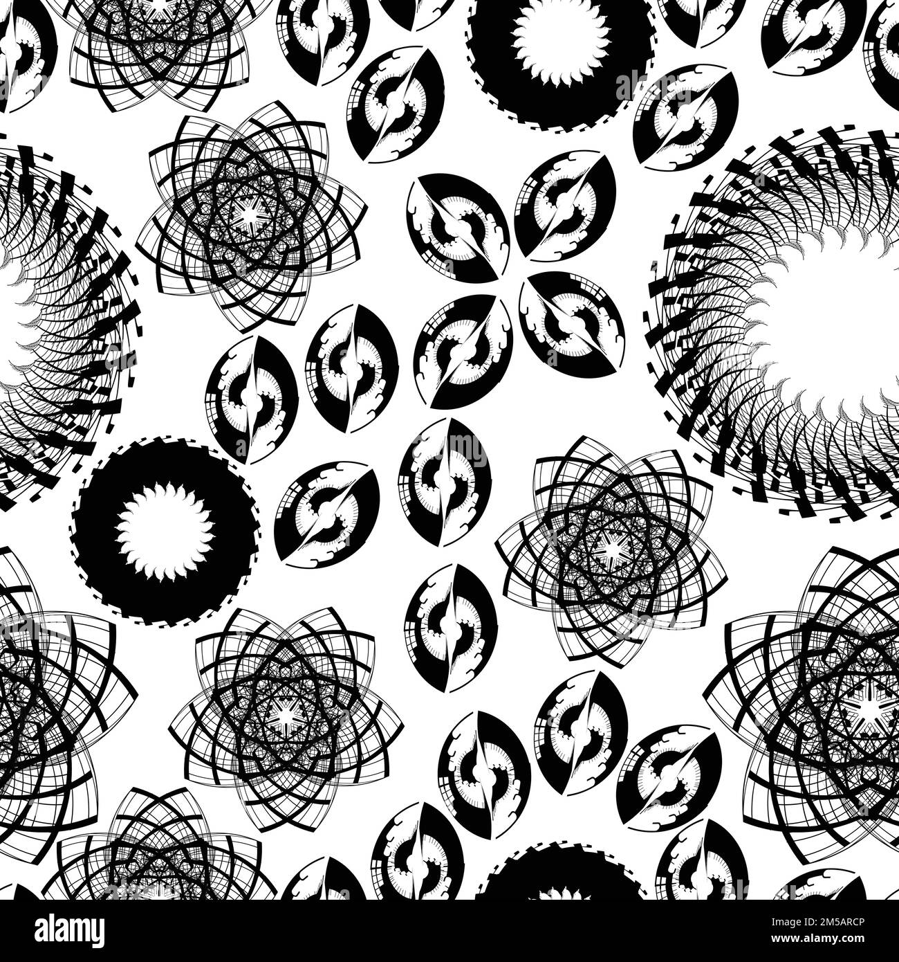 monochrome seamless pattern with circular geometric shapes; black star