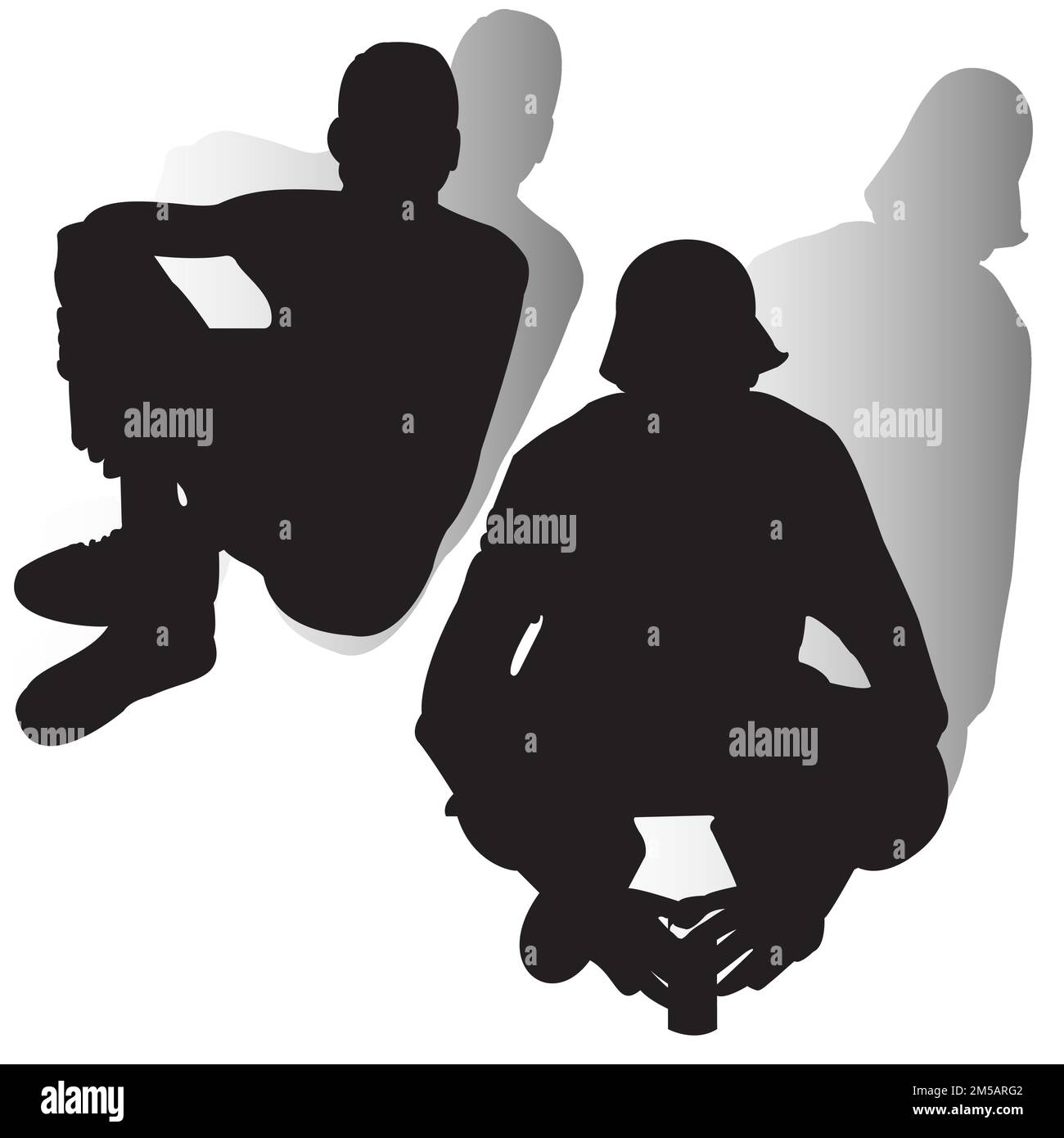 man silhouettes with shadow sitting on the ground ; black silhouette on white background Stock Vector