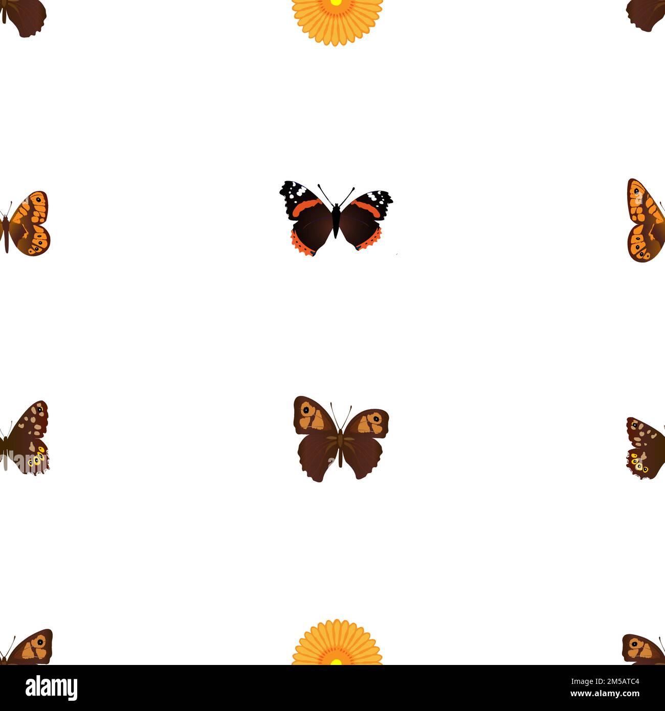 Seamless repetition of brown and black butterflies and yellow rosette