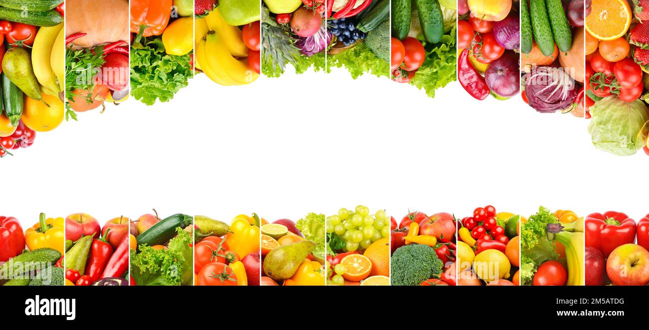Frame healthy vegetables and fruits isolated on white background. Stock Photo