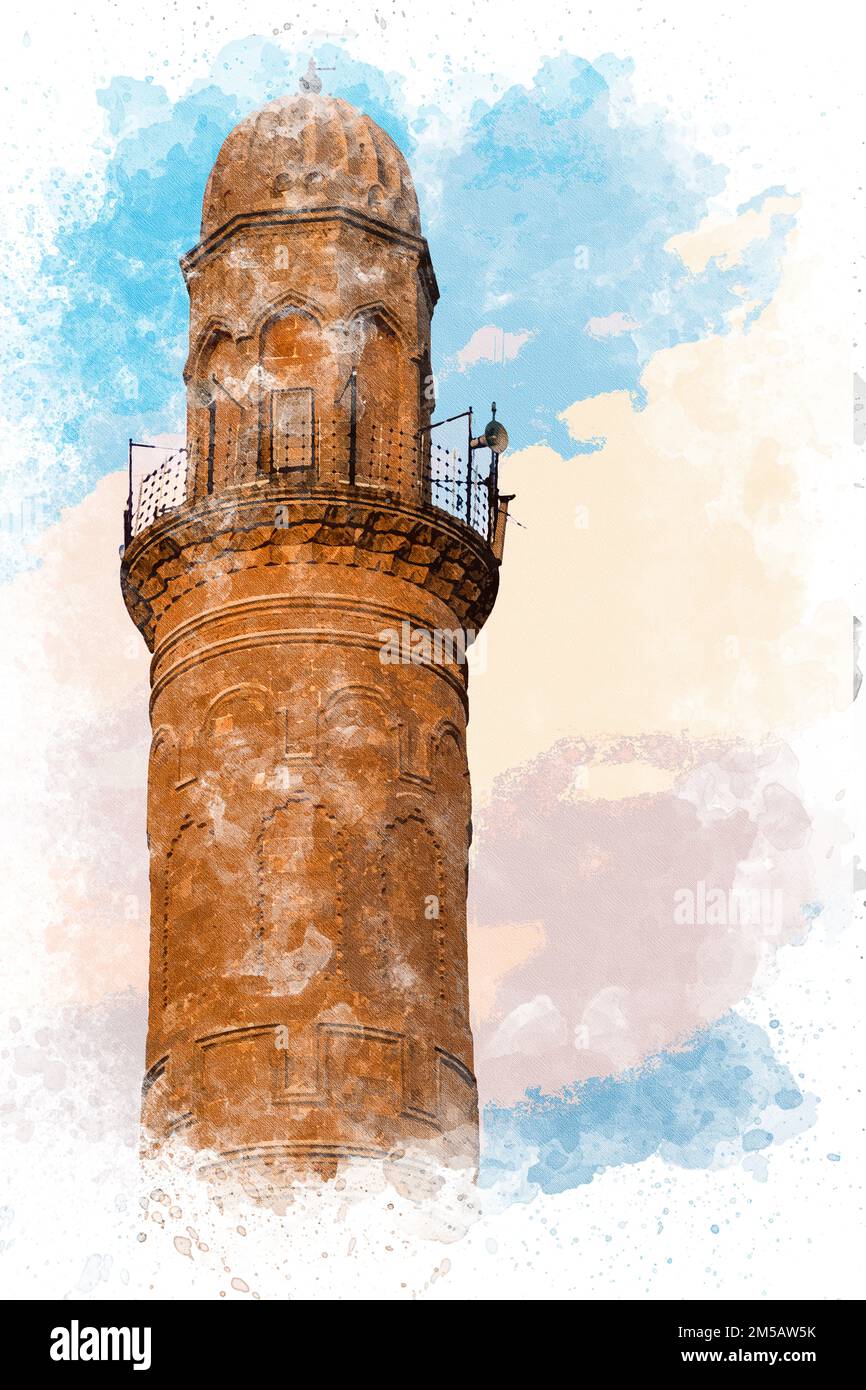 Watercolor painting of mosque. Ulu mosque in Mardin Turkey. Watercolor mosque painting. Ulu Camii in Turkish. Stock Photo