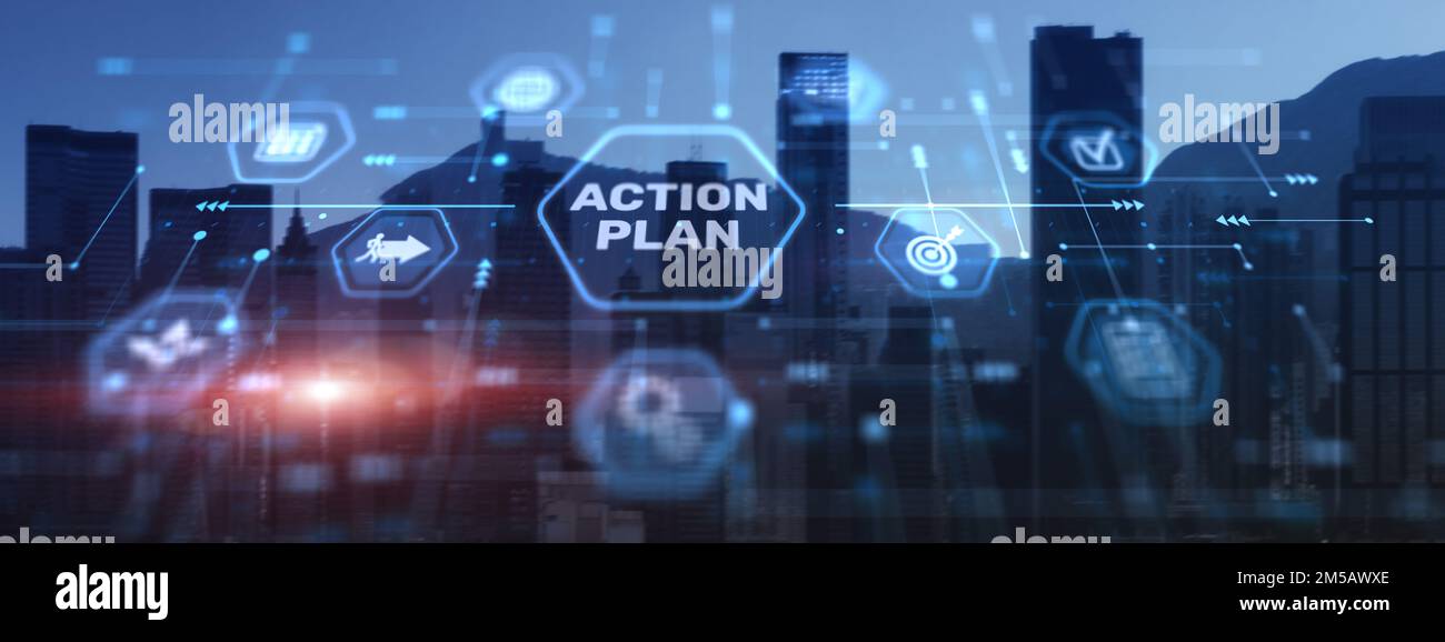 Action plan on city background. Algorithm and strategy development ...