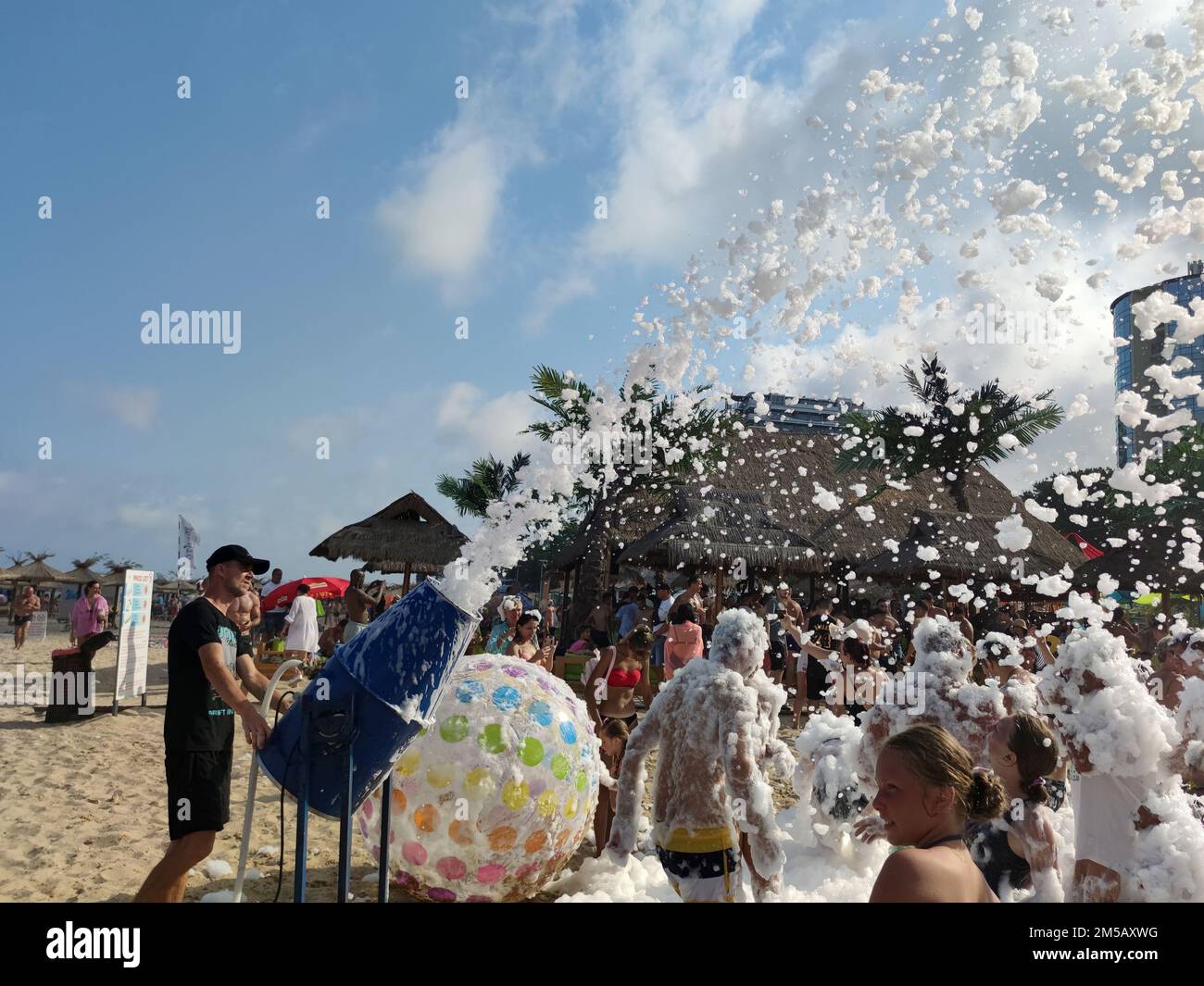 Golden Sands, Bulgaria July 30, 2022 foam party on the beach, people have fun and dance in