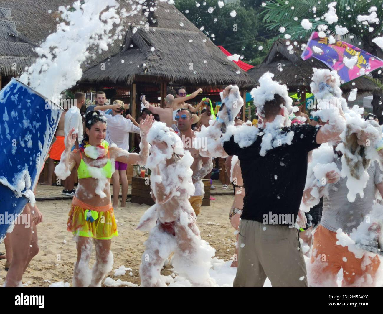 Golden Sands, Bulgaria July 30, 2022 foam party on the beach, people have fun and dance in