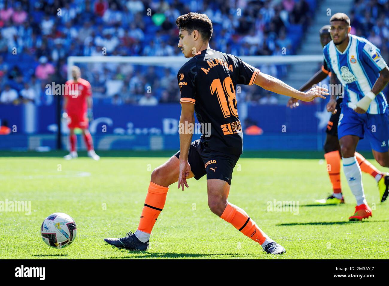 BARCELONA - OCT 2: Andre Almeida in action at the La Liga match between RCD Espanyol and Valencia CF at the RCDE Stadium on October 2, 2022 in Barcelo Stock Photo