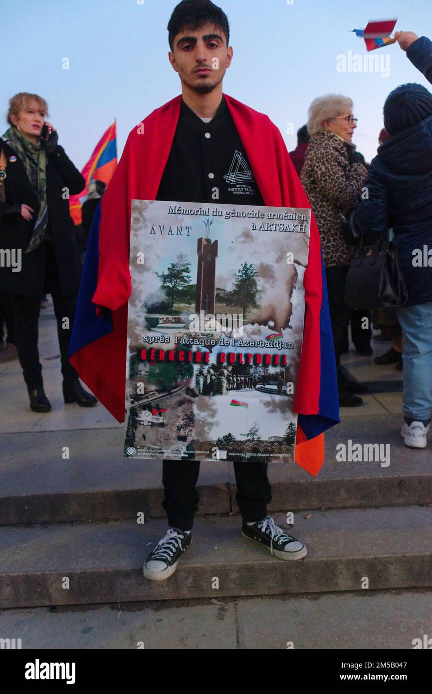 Following Azerbaijan's aggression on the Republic of Artsakh, the Armenian diaspora in Paris organised a protest demonstration Stock Photo
