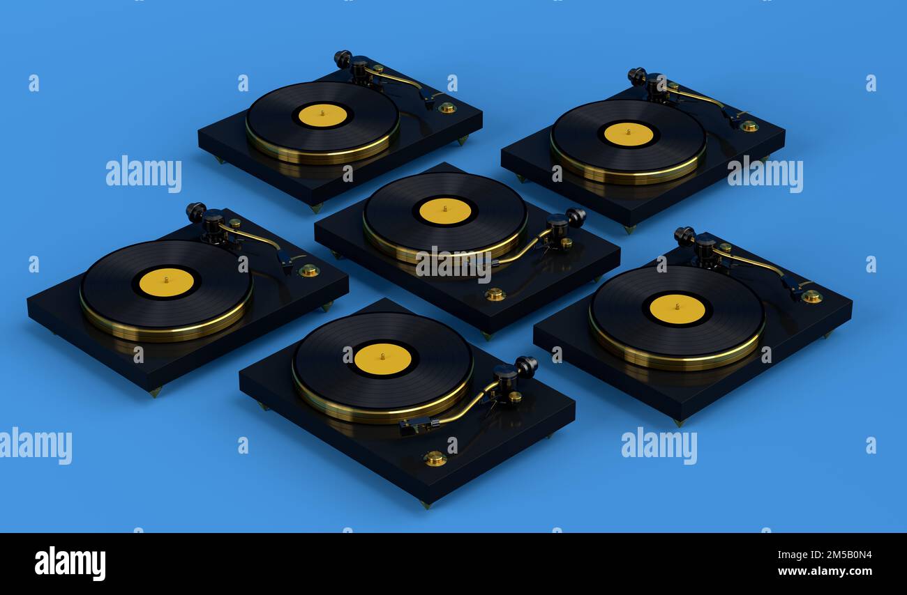 Set of vinyl record player or DJ turntable with retro vinyl disk on ...