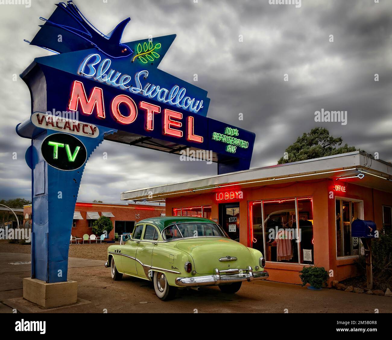 The Blue Swallow Motel, built in 1939, still operates on historic Route 66 in Tucumcari, New Mexico. Stock Photo