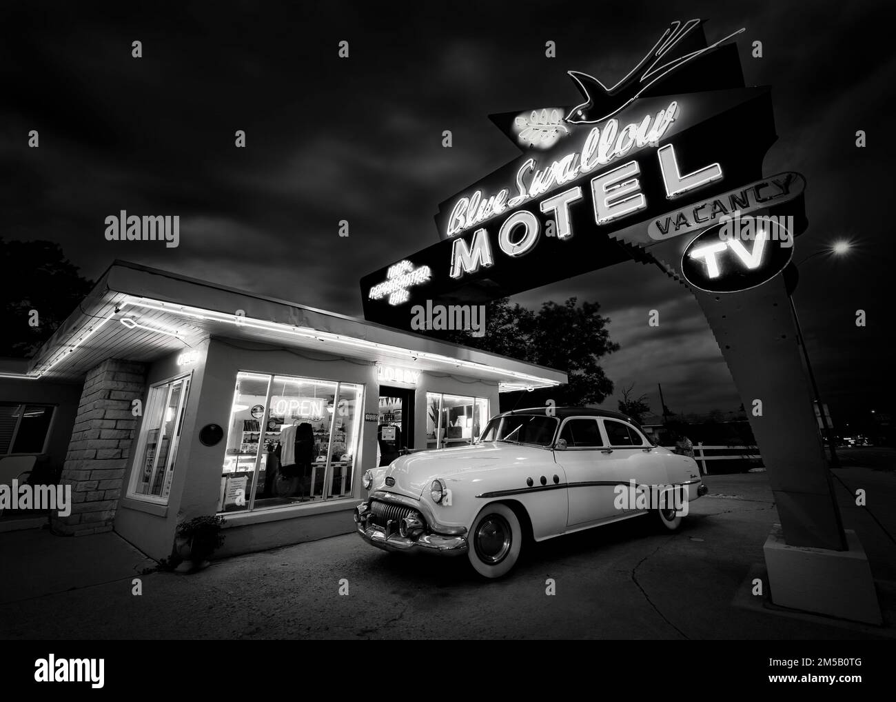 The Blue Swallow Motel, built in 1939, still operates on historic Route 66 in Tucumcari, New Mexico. Stock Photo