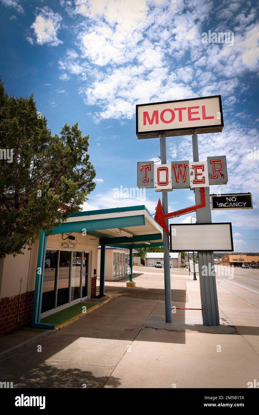 The abandoned Tower Motel stands on historic Route 66 in Santa Rosa, New Mexico. Stock Photo