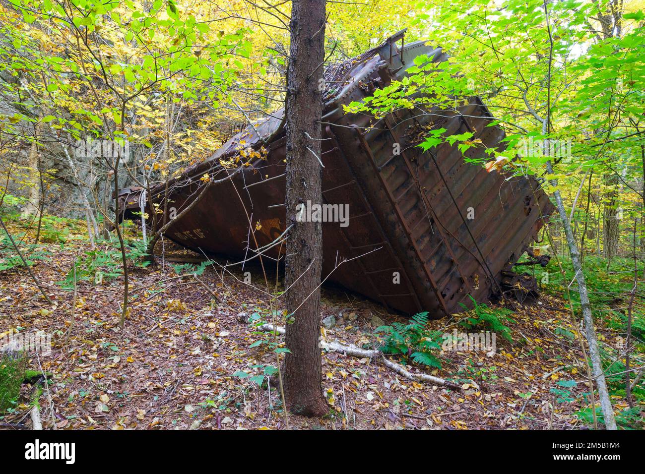 Abandoned railroad car along the old Maine Central Railroad in Crawford Notch, New Hampshire. Stock Photo