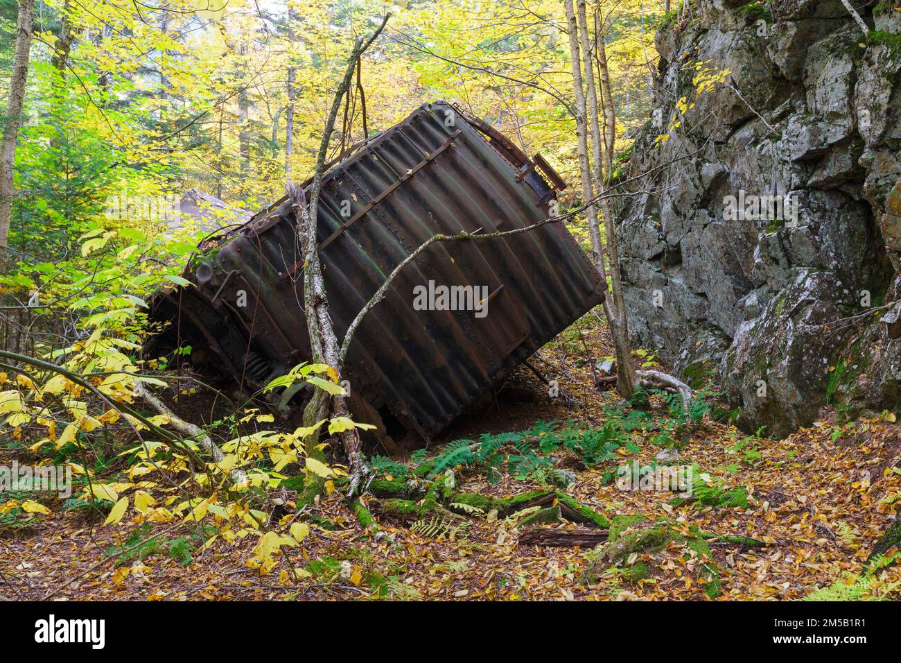 Abandoned railroad car along the old Maine Central Railroad in Crawford Notch, New Hampshire. Stock Photo