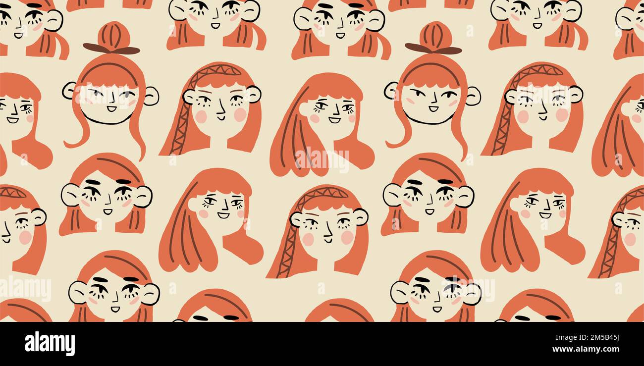Vector seamless pattern with red hair girl portraits. Red hair women. Spring girl pattern on light background. Vector illustration Stock Vector
