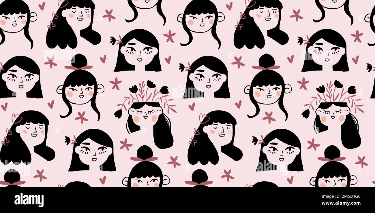 Vector seamless pattern with black hair girl portraits. Red hair women. Spring girl pattern on light background. Vector illustration Stock Vector