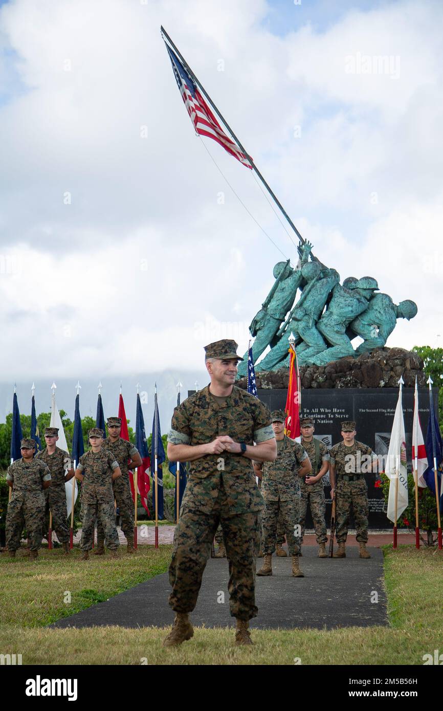 U.S. Marine Sgt. Maj. Andrew Radford, the incoming Sergeant Major of Marine Unmanned Aerial Vehicle Squadron (VMU) 3, gives remarks at a relief and appointment ceremony at Marine Corps Base Hawaii, Hawaii, Feb. 18th, 2022. During the ceremony Sgt. Maj. Andrew Radford relieved Sgt. Maj. Alejandro Garcia as Sergeant Major of VMU-3. The ceremony symbolizes the passing of trust and confidence from the outgoing Sergeant Major to the incoming Sergeant Major. Stock Photo