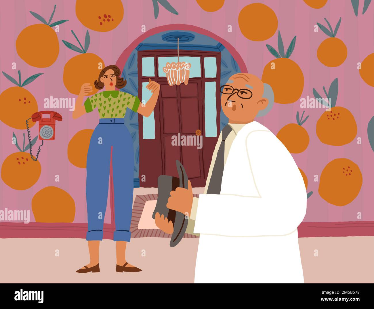 Woman waiting for the phone call, retro style phone. Doctor at home scene. Vector illustration Stock Vector