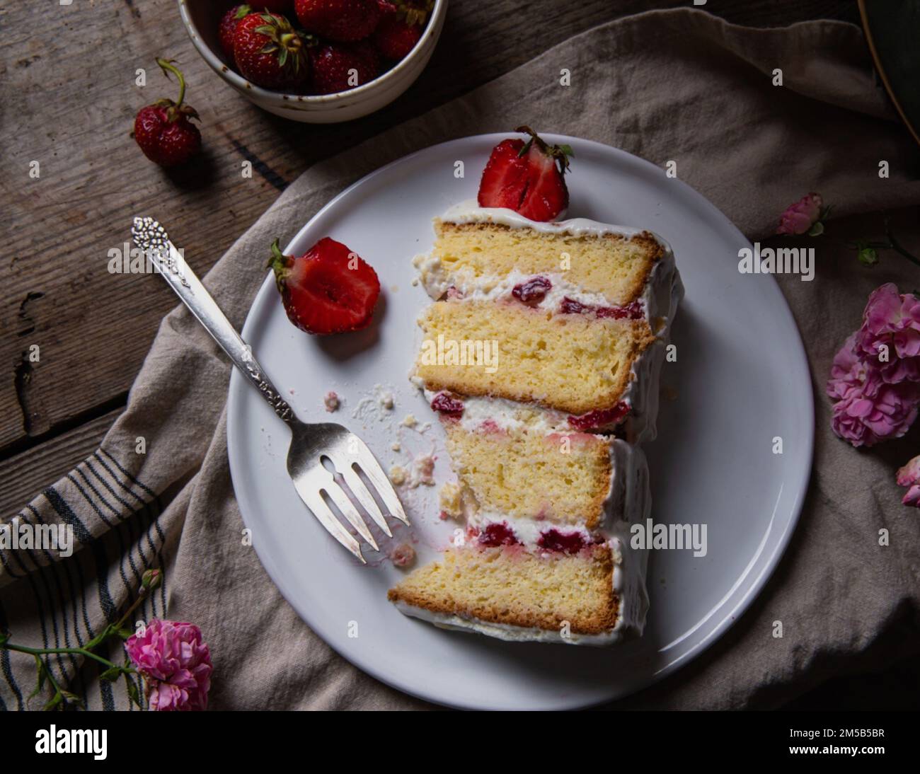 Image of a cake on a plate with a fork and strawberries. Photos of food ...