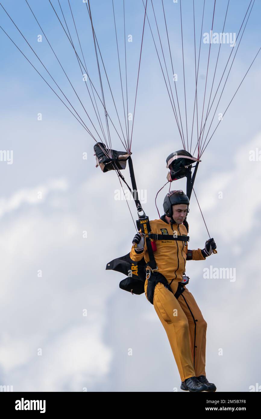 Sgt. Mark Pierce of the U.S. Army Parachute Team lands his parachute